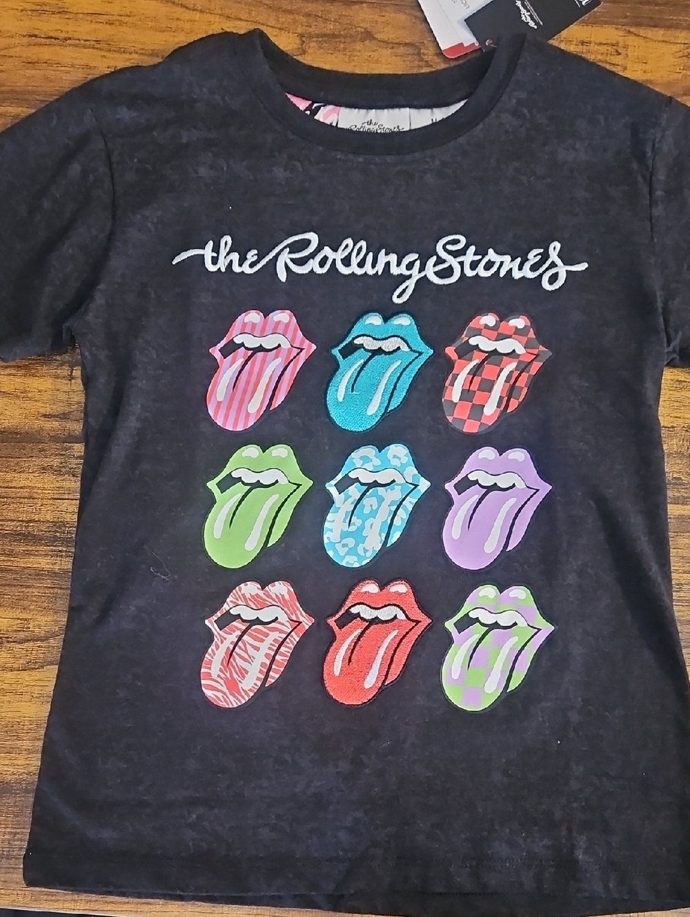 the Rolling Stones Kids Black Tee with Multicolored Tongues